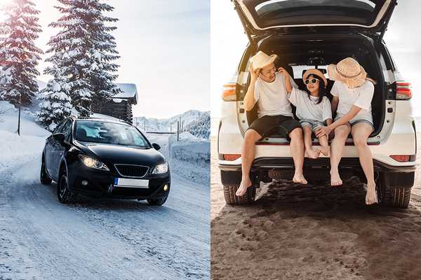 A collage of family on a trip in summer and a car on the road in snow.